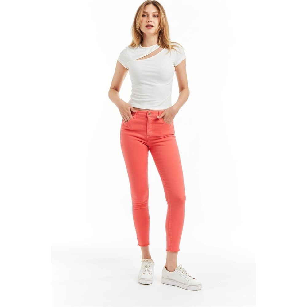 Tractr Mona Jeans Womens 14/32 Coral Pink High Rise Slim Cropped Raw Hem